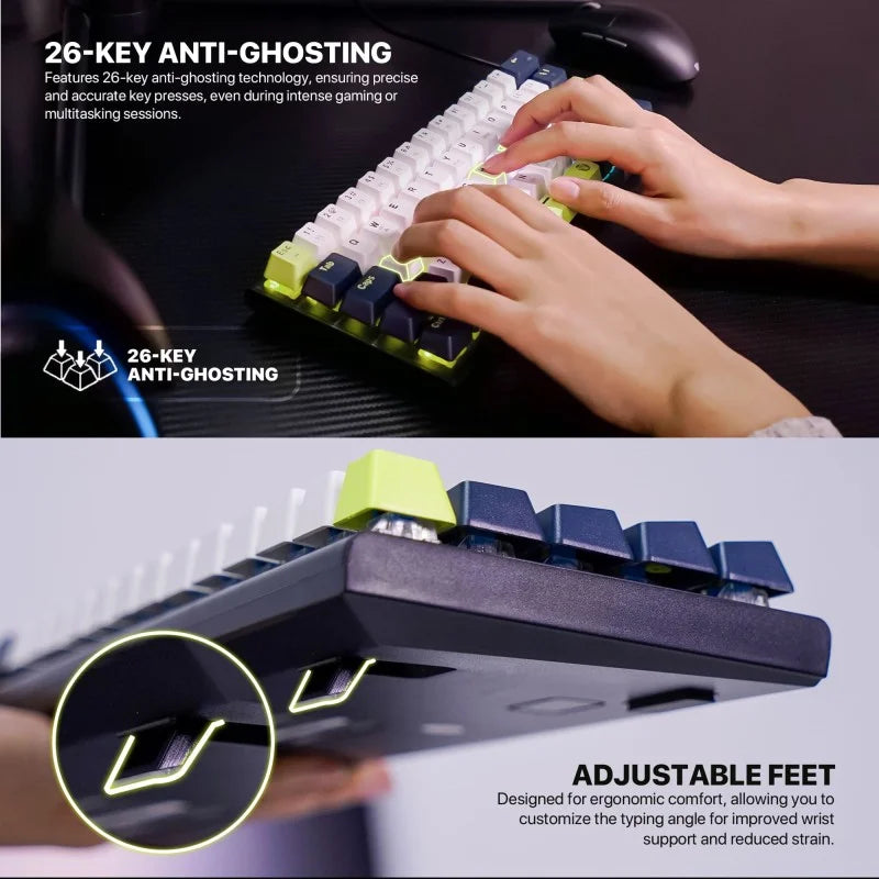 Keyboard with adjustable feet and 26-key anti-ghosting feature, with hands typing.