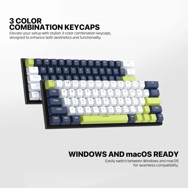 Keyboard with 3-color combination keycaps on a white background