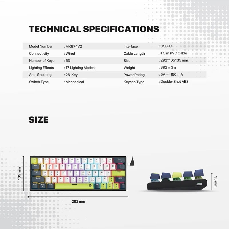 Keyboard with technical specifications on a white background