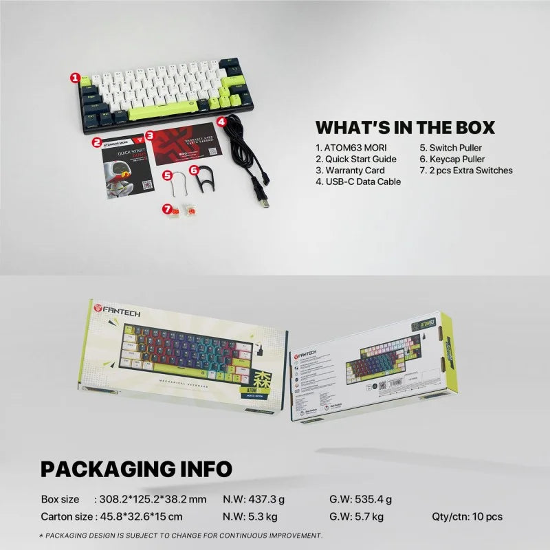 FANTECH keyboard packaging with components listed on a gray background