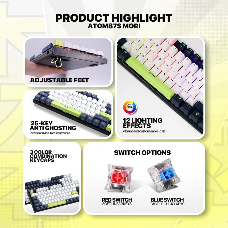 Product highlight of a keyboard with features like adjustable feet, anti-ghosting keys, and switch options.