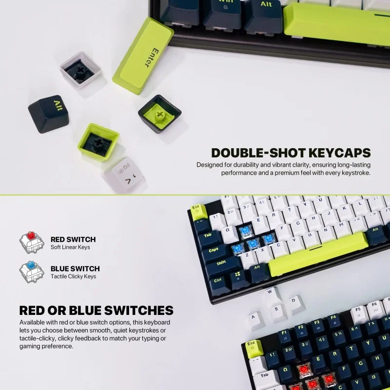 Mechanical keyboard with double-shot keycaps and red or blue switches on a white background