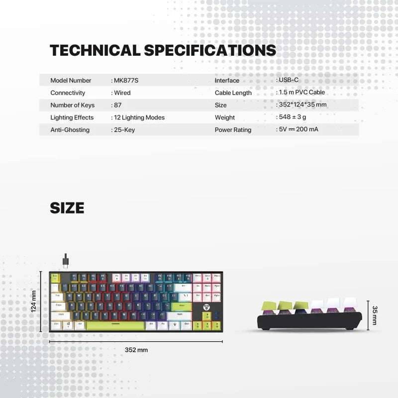 Technical specifications and size details of a keyboard on a gray background