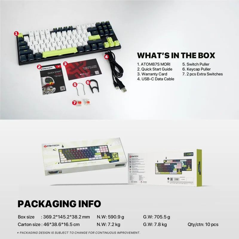 Keyboard kit with packaging and accessories on a white background