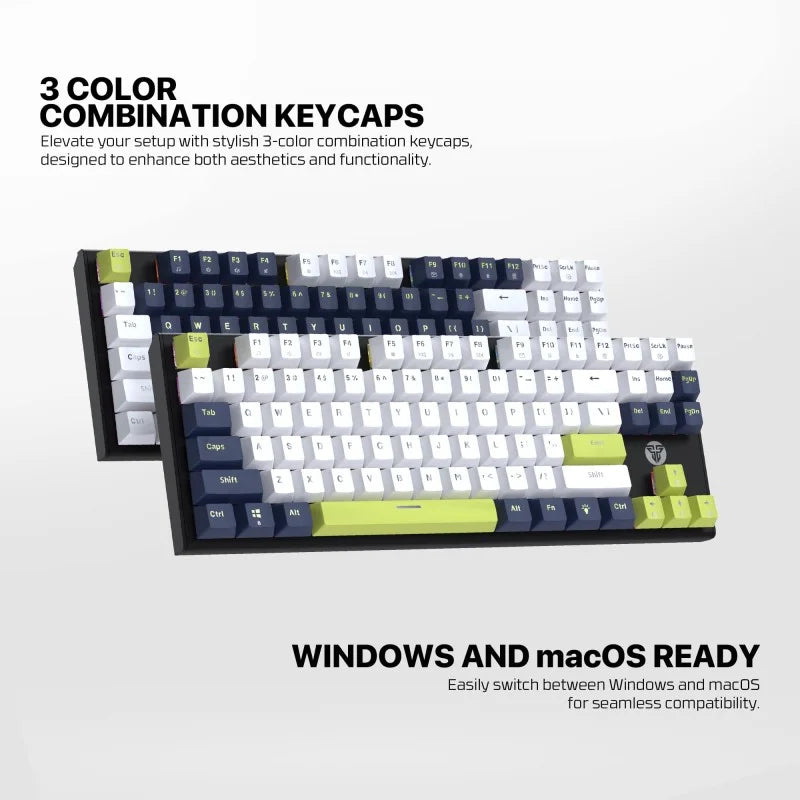 Mechanical keyboard with 3-color combination keycaps on a white background