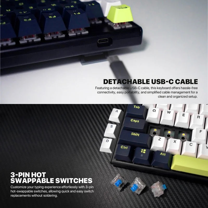 Mechanical keyboard with detachable USB-C cable and 3-pin hot swappable switches on a gray background.