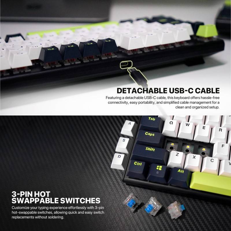 Mechanical keyboard with detachable USB-C cable and 3-pin hot swappable switches on a black surface.