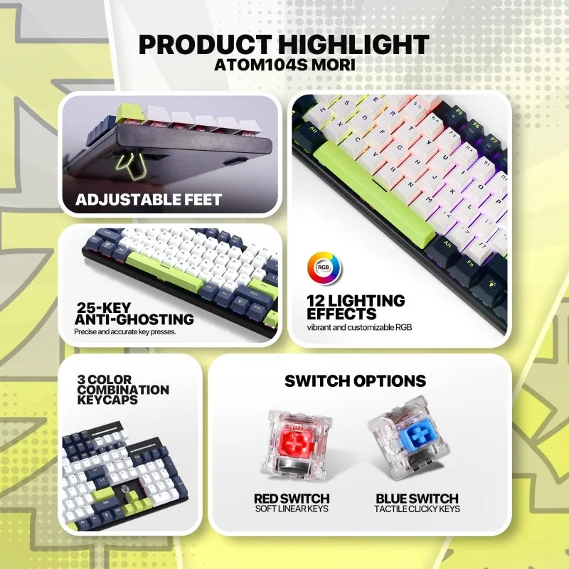Product highlight of a keyboard with features like adjustable feet, anti-ghosting keys, and RGB lighting on a colorful background.