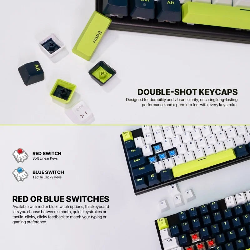 Mechanical keyboard with double-shot keycaps and red or blue switches on a white background