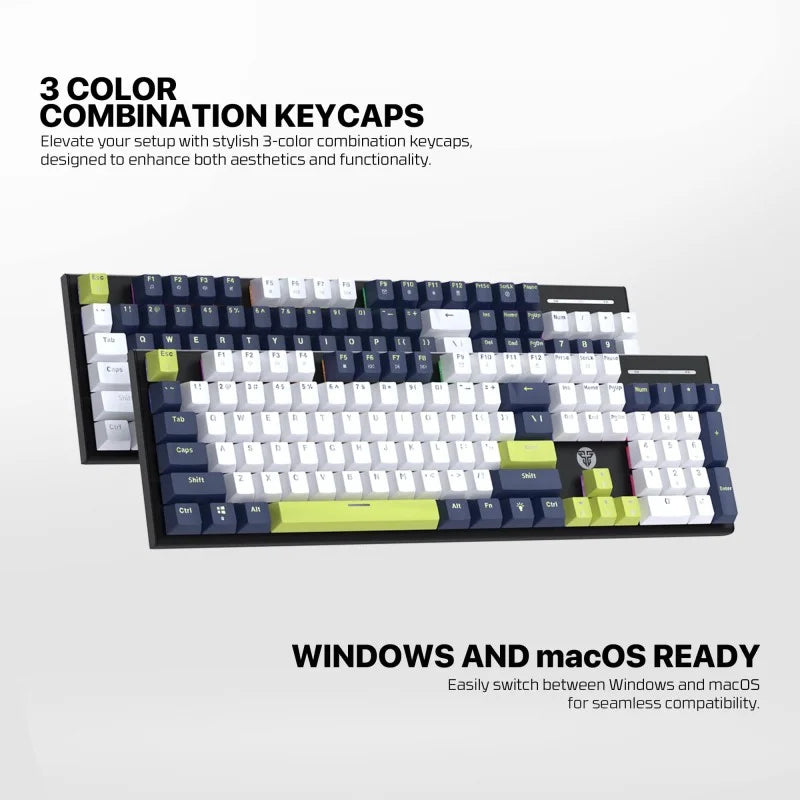 Keyboard with 3-color combination keycaps on a white background