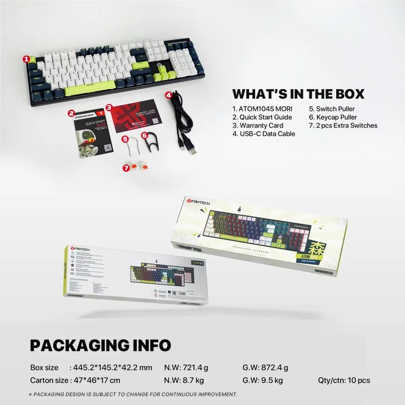 Keyboard set with packaging and accessories on a white background