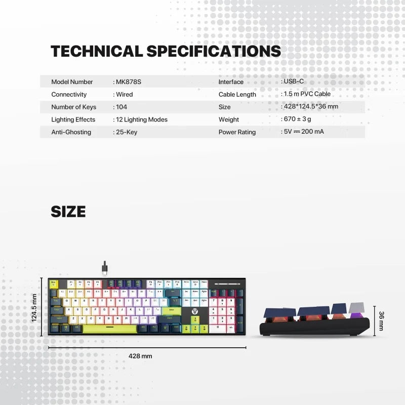 Technical specifications and size details of a keyboard on a gray background
