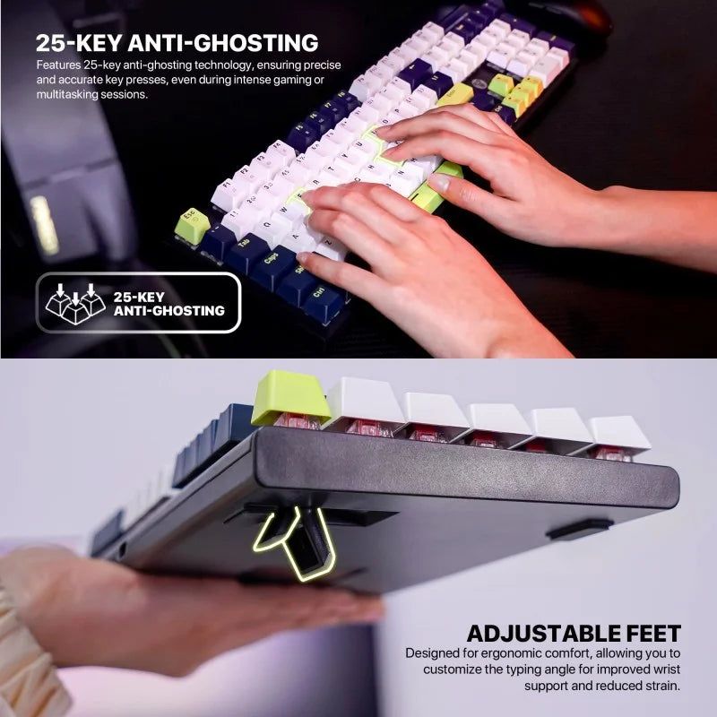 Keyboard with 25-key anti-ghosting technology and adjustable feet, featuring hands typing.