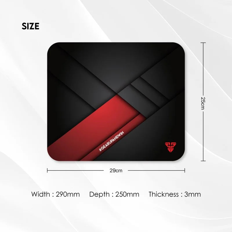 Black and red mouse pad with dimensions on a white background