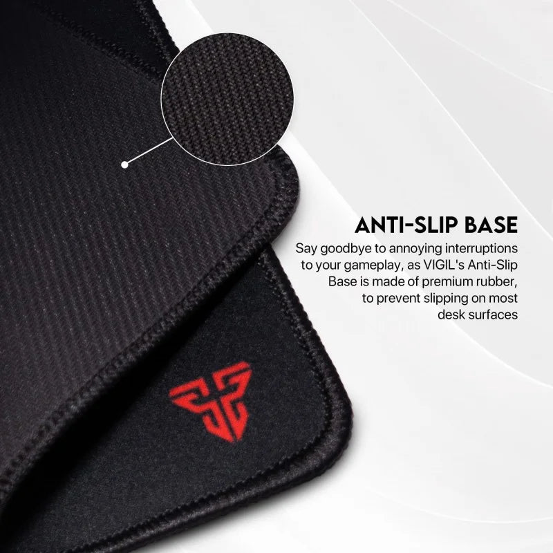 Black gaming mouse pad with red logo and anti-slip base text on a white background
