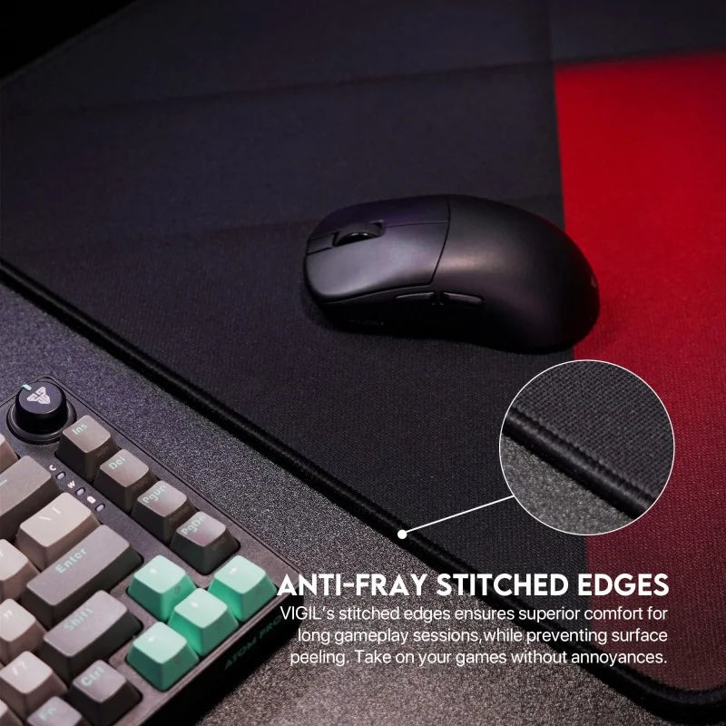 Gaming mouse and keyboard on a large mouse pad with text about anti-fray stitched edges.
