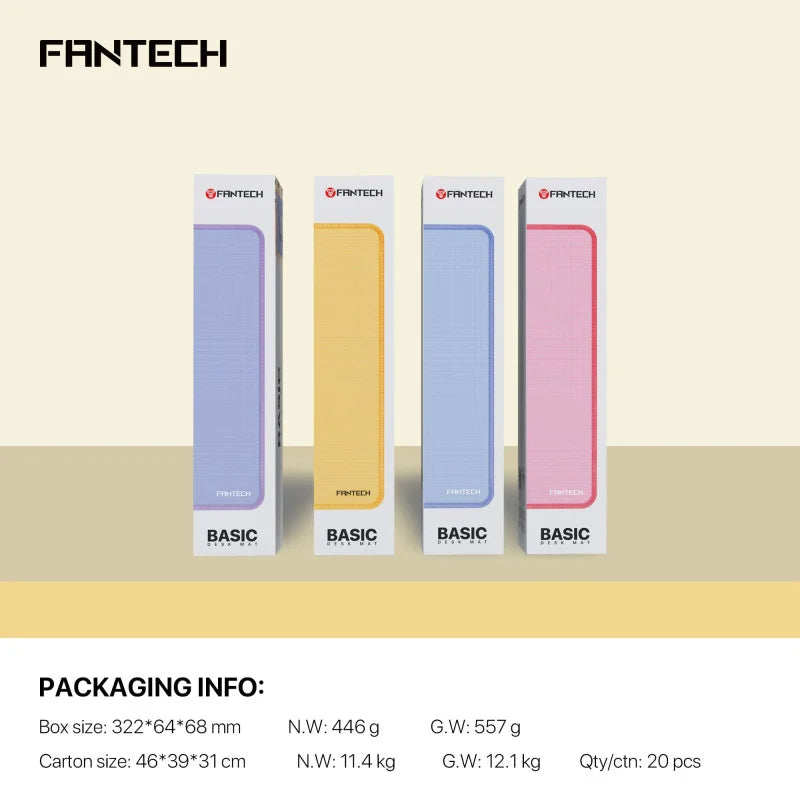 Packaging and shipping specifications for the Fantech Basic Desk Mat, available at LebTech Store Lebanon. The image shows four color variations—purple, orange, blue, and pink—in their retail boxes. Detailed packaging info includes a box size of 322x64x68 mm and a net weight of 446g.
