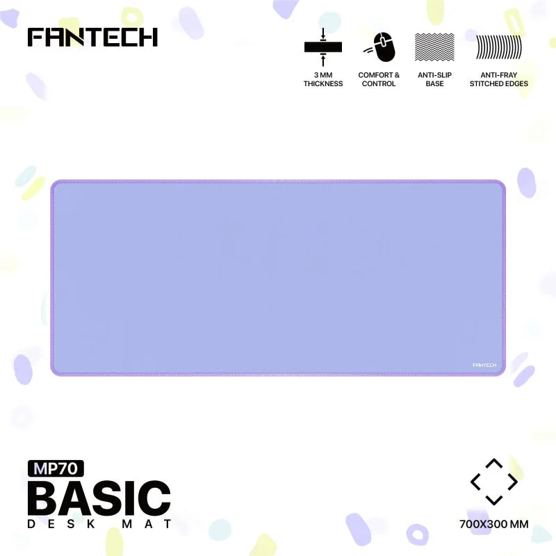 A feature summary image for the Fantech MP70 Basic Desk Mat from LebTech Store Lebanon. The light blue 700x300mm mat is shown with icons highlighting its key features: 3mm thickness, comfort and control, anti-slip base, and anti-fray stitched edges.