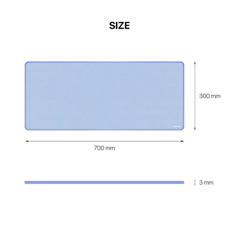 A size diagram for the Fantech MP70 Large Desk Mat from LebTech Store Lebanon. The blue mousepad is shown with dimensions of 700mm in length, 300mm in width, and a slim 3mm thickness, ideal for covering a large desk area.