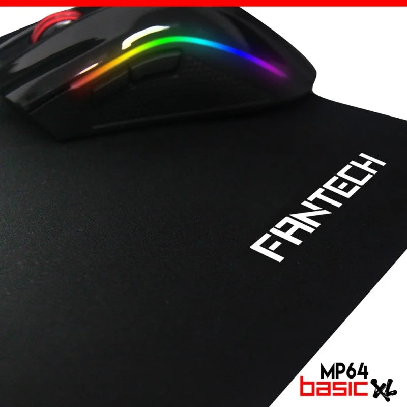 A close-up of a gaming mouse on the Fantech MP64 Basic XL Mousepad, available at LebTech Store Lebanon. The image showcases the smooth, precision-tracking surface and the prominent Fantech branding in the corner, highlighting its suitability for both gaming and office use.