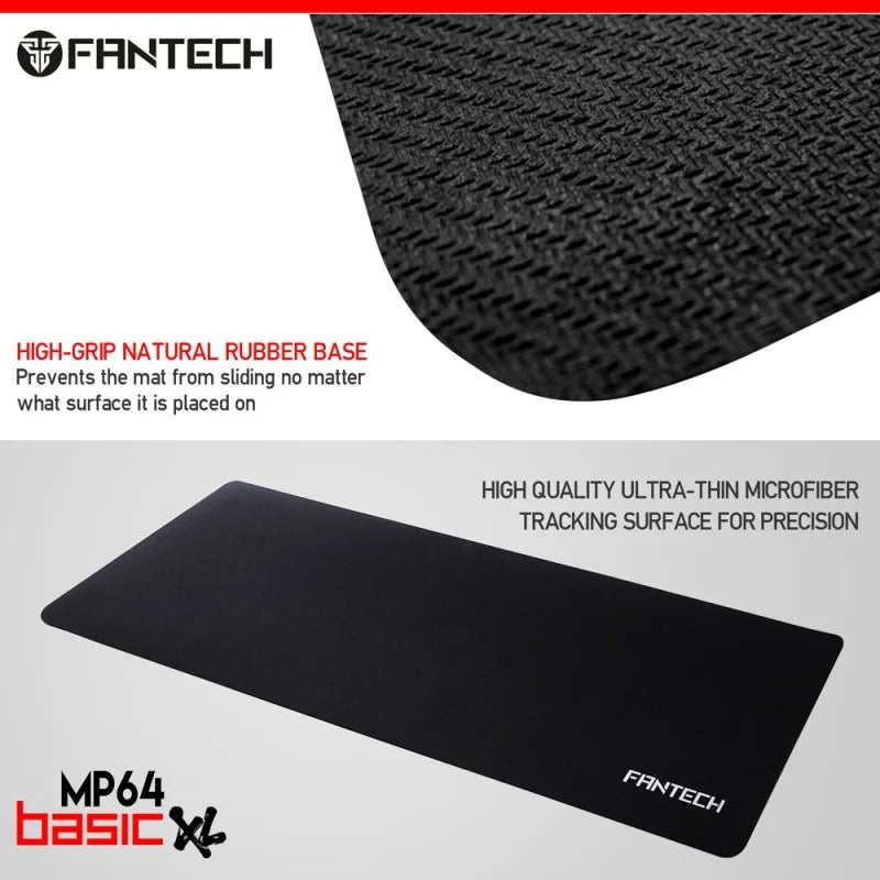 Product features of the Fantech MP64 Basic XL Mousepad from LebTech Store Lebanon. The image highlights the high-quality ultra-thin microfiber tracking surface for precision and the high-grip natural rubber base that prevents sliding on any desk surface.
