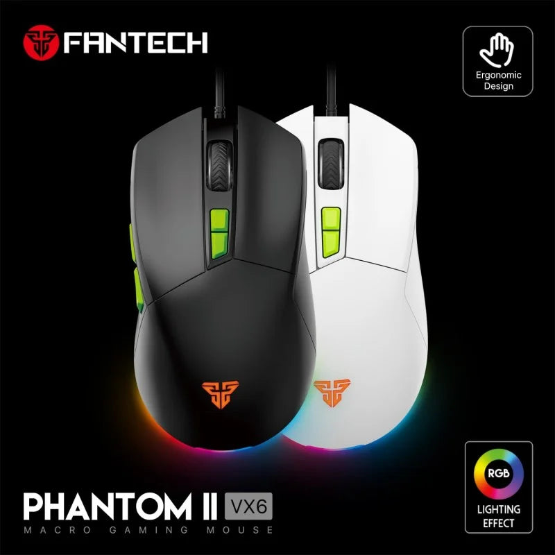 Two gaming mice, one black and one white, with RGB lighting effects on a dark background. Fantech logo and product name 'Phantom II VX6' displayed.