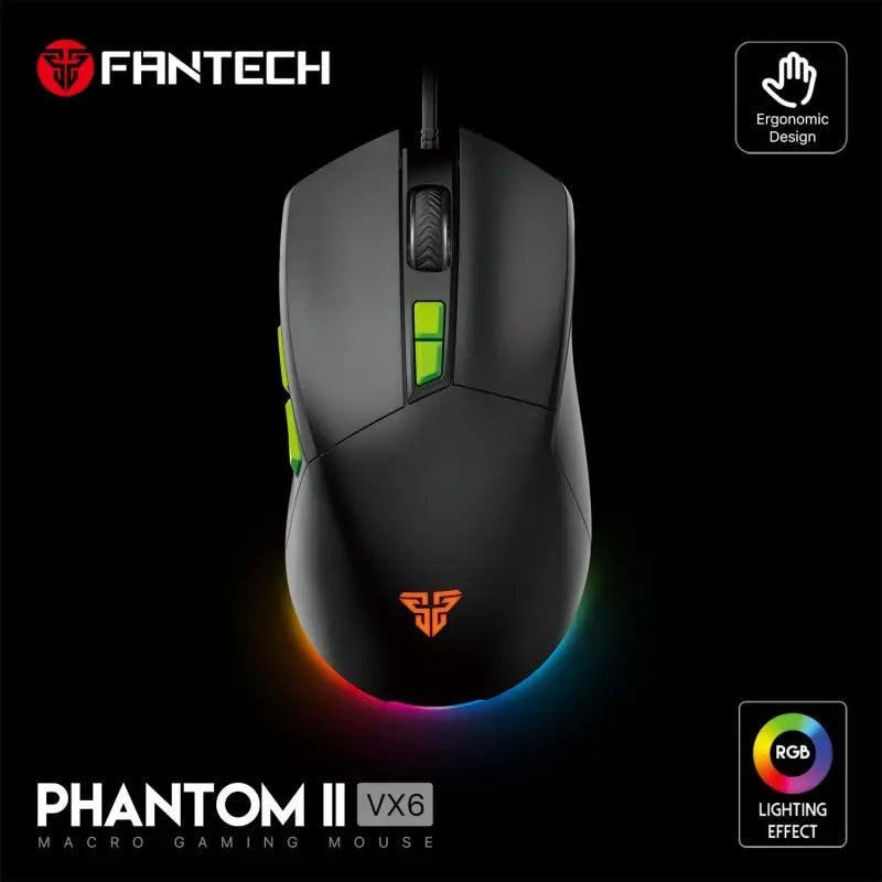 Gaming mouse with RGB lighting effect on a black background, featuring the Fantech brand.