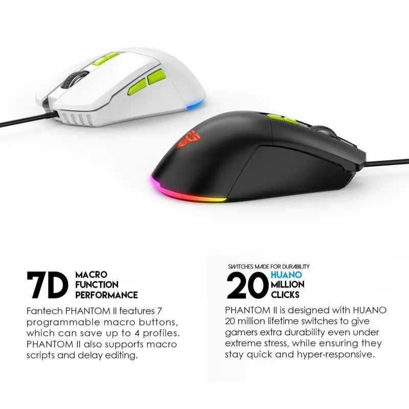 Two gaming mice, one white and one black with RGB lighting, on a white background.