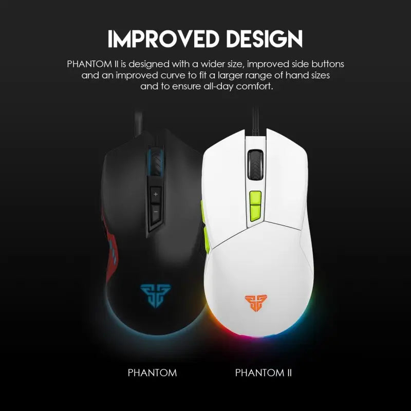 Two gaming mice, Phantom and Phantom II, on a black background with text about improved design.