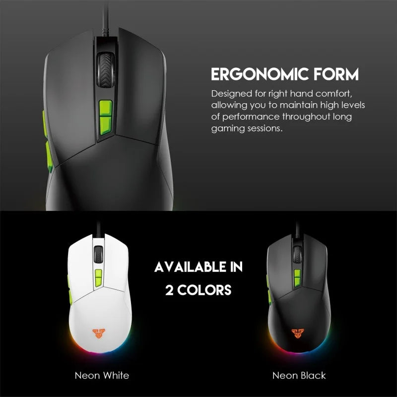Gaming mouse with ergonomic design, shown in neon white and neon black colors on a dark background.