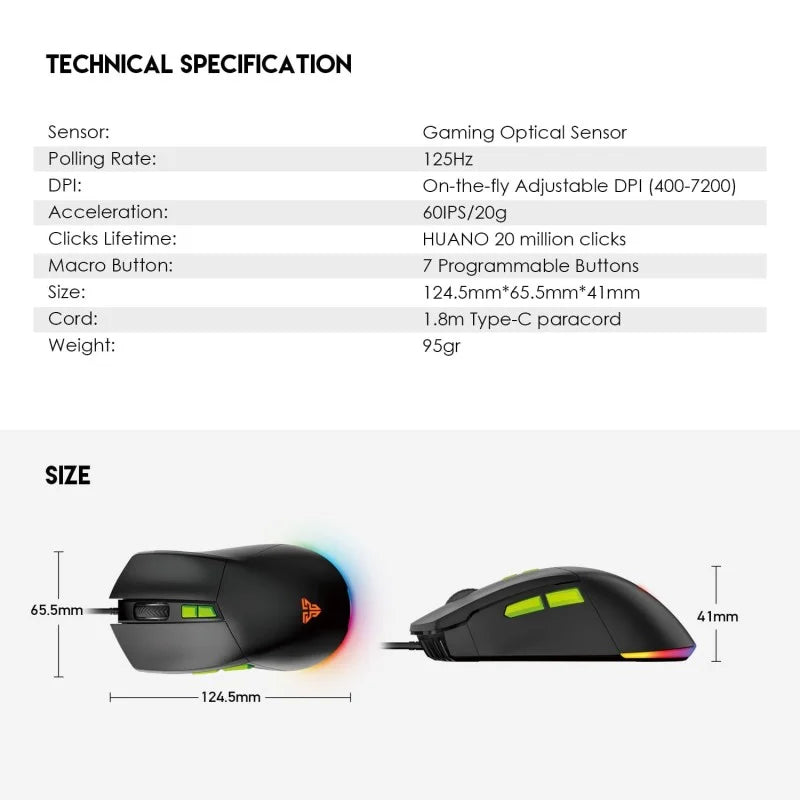 Gaming mouse with technical specifications and size measurements on a white background