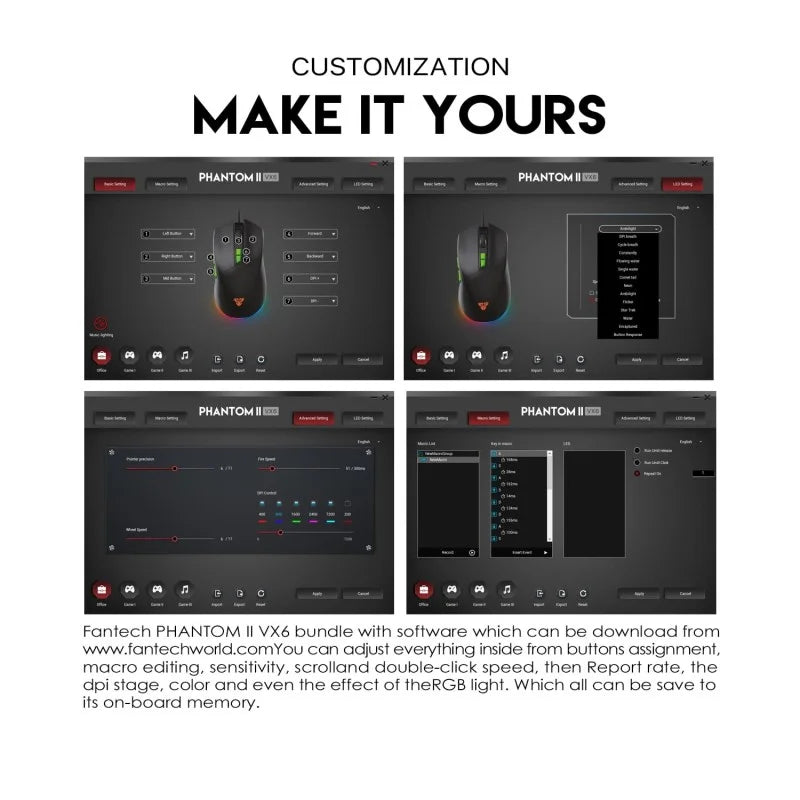 Software interface for a gaming mouse with customization options on a white background.