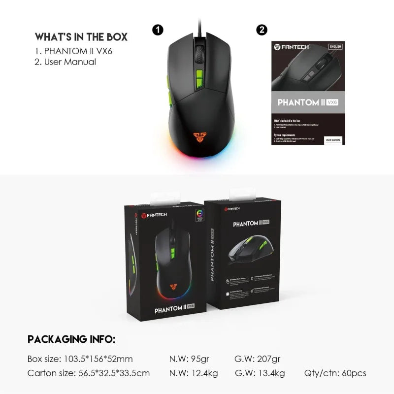 Gaming mouse with packaging and specifications on a white background