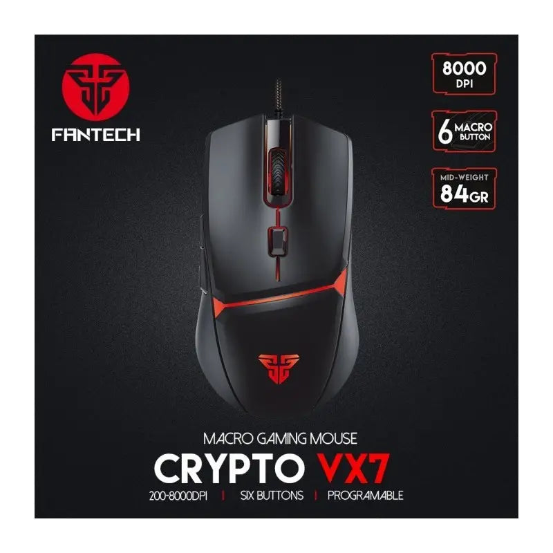 Fantech Crypto VX7 gaming mouse on a black background with product details.