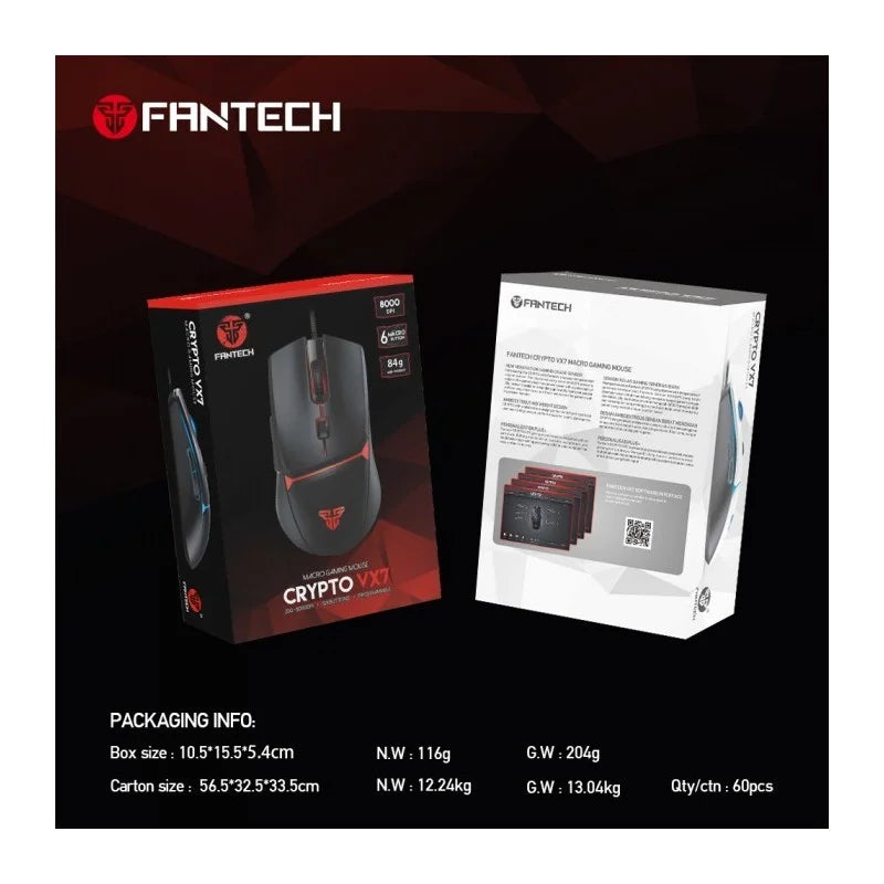 Fantech Crypto gaming mouse packaging with product details on a dark background