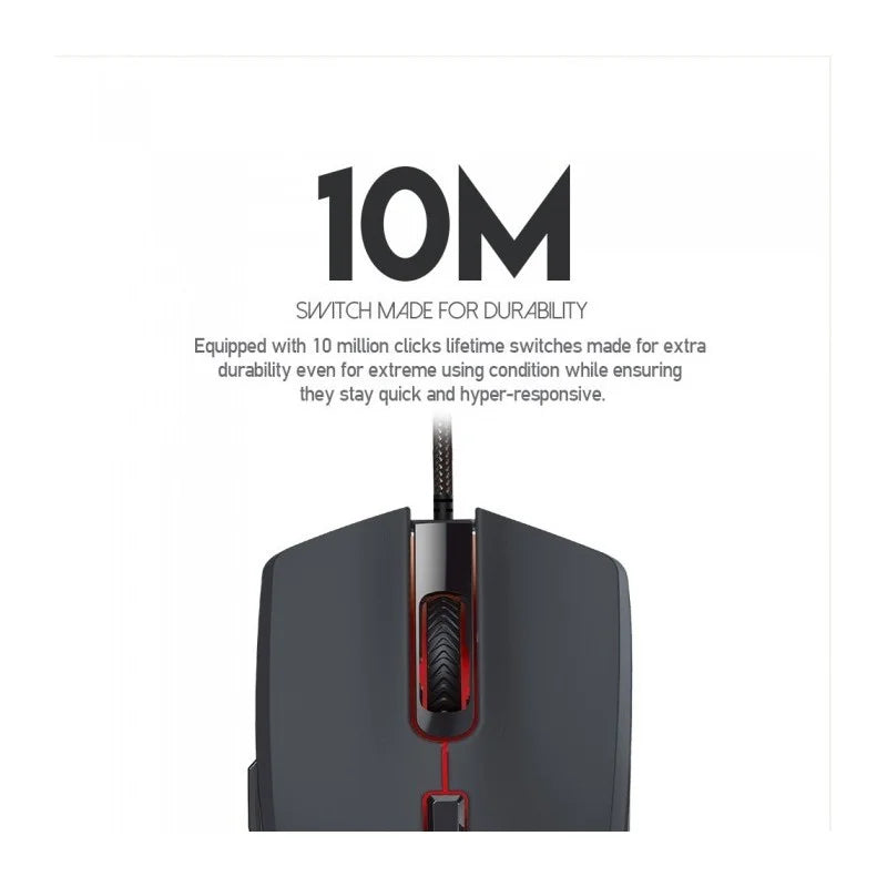 Gaming mouse with text highlighting 10 million switch durability on a white background