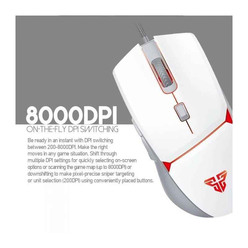 White gaming mouse with red accents on a gray background