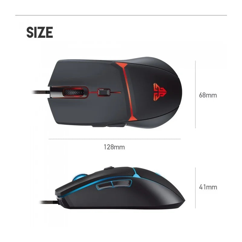 Two gaming mice with measurements on a white background