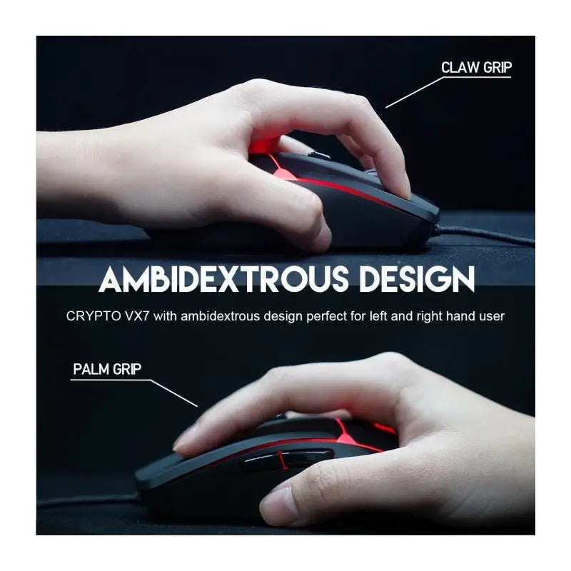 Two hands using a gaming mouse with text highlighting ambidextrous design.