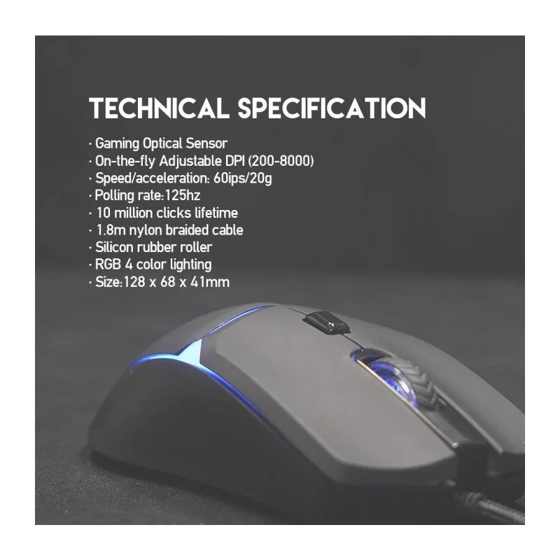 Gaming mouse with technical specifications listed on a dark background
