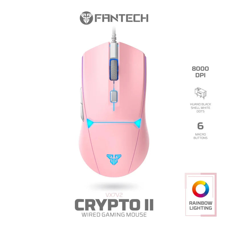 Pink gaming mouse with FANTECH branding on a white background