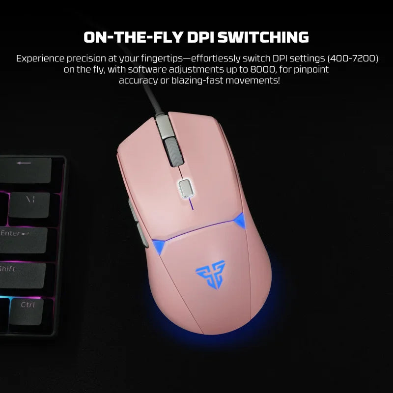 Pink gaming mouse with blue lighting on a black background, featuring text about DPI switching.