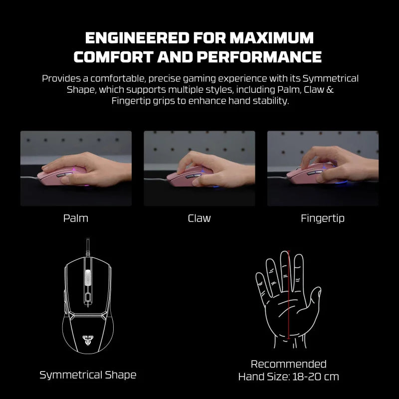 Gaming mouse with ergonomic design for comfort and performance, showing hand positions and symmetrical shape.