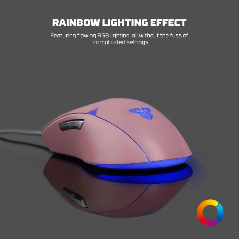 Pink gaming mouse with RGB lighting on a dark background