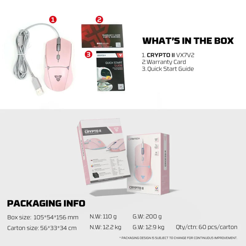 Pink computer mouse with packaging and accessories on a white background