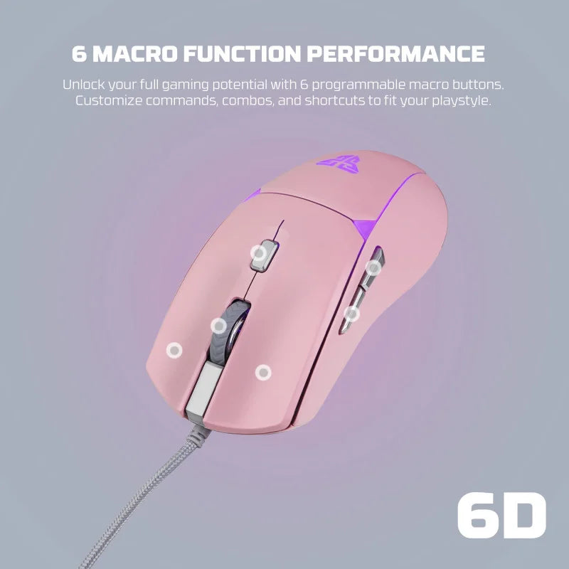 Pink gaming mouse with 6 macro function performance text on a gradient background
