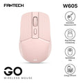 A pink Fantech GO W605 Wireless Mouse from LebTech Store Lebanon. The image highlights key features with icons: adjustable responsive DPI, plug-and-play USB connectivity, a symmetrical grip for comfort, and an energy-efficient design.