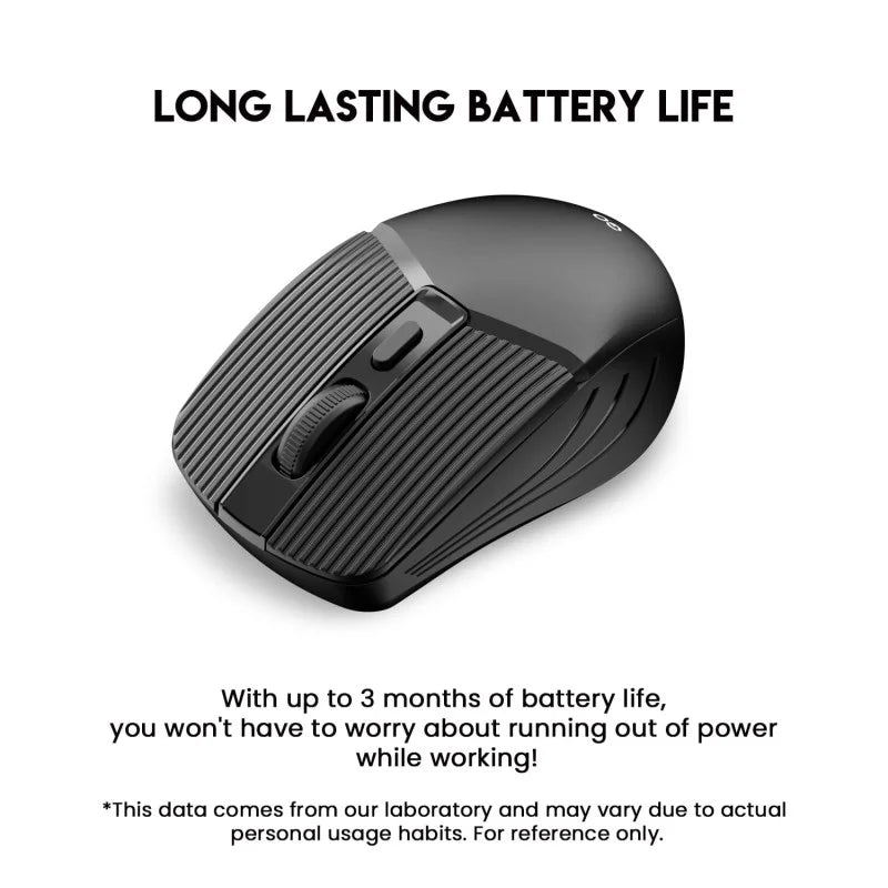A black Fantech GO W605 Wireless Mouse from LebTech Store Lebanon, highlighting its long-lasting battery life. The text states that with up to 3 months of battery life on a single AA battery, users can work confidently without worrying about running out of power.
