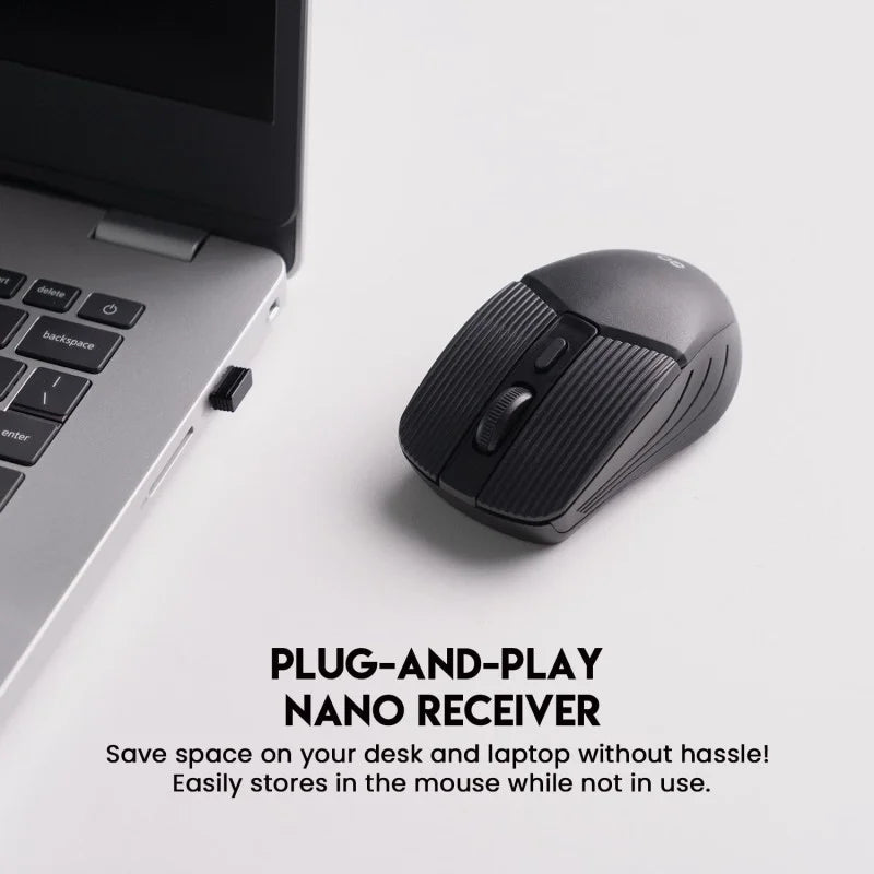 A black Fantech GO W605 Wireless Mouse from LebTech Store Lebanon featuring a plug-and-play nano receiver. The image shows the compact USB receiver plugged into a laptop, highlighting its space-saving design and the convenience of being able to store the receiver inside the mouse when not in use.
