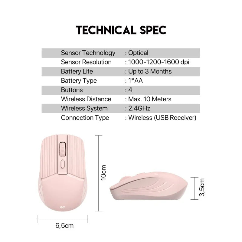 Technical specifications for the Fantech GO W605 Wireless Mouse from LebTech Store Lebanon. The table lists key specs: optical sensor (1000-1600 dpi), up to 3 months battery life (1*AA), 4 buttons, and 2.4GHz wireless connectivity via USB receiver with a 10-meter range. A diagram shows the compact dimensions: 10cm x 6.5cm x 3.5cm. 